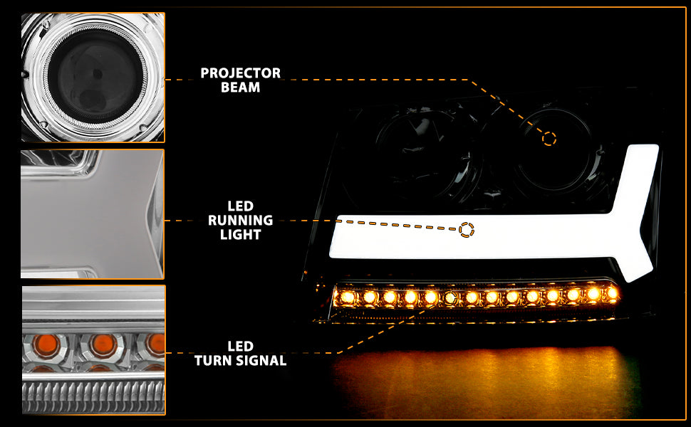 CHEVY TRAILBLAZER LT 06-09 / LS 08 PROJECTOR LIGHT BAR STYLE HEADLIGHTS CHROME AMBER
