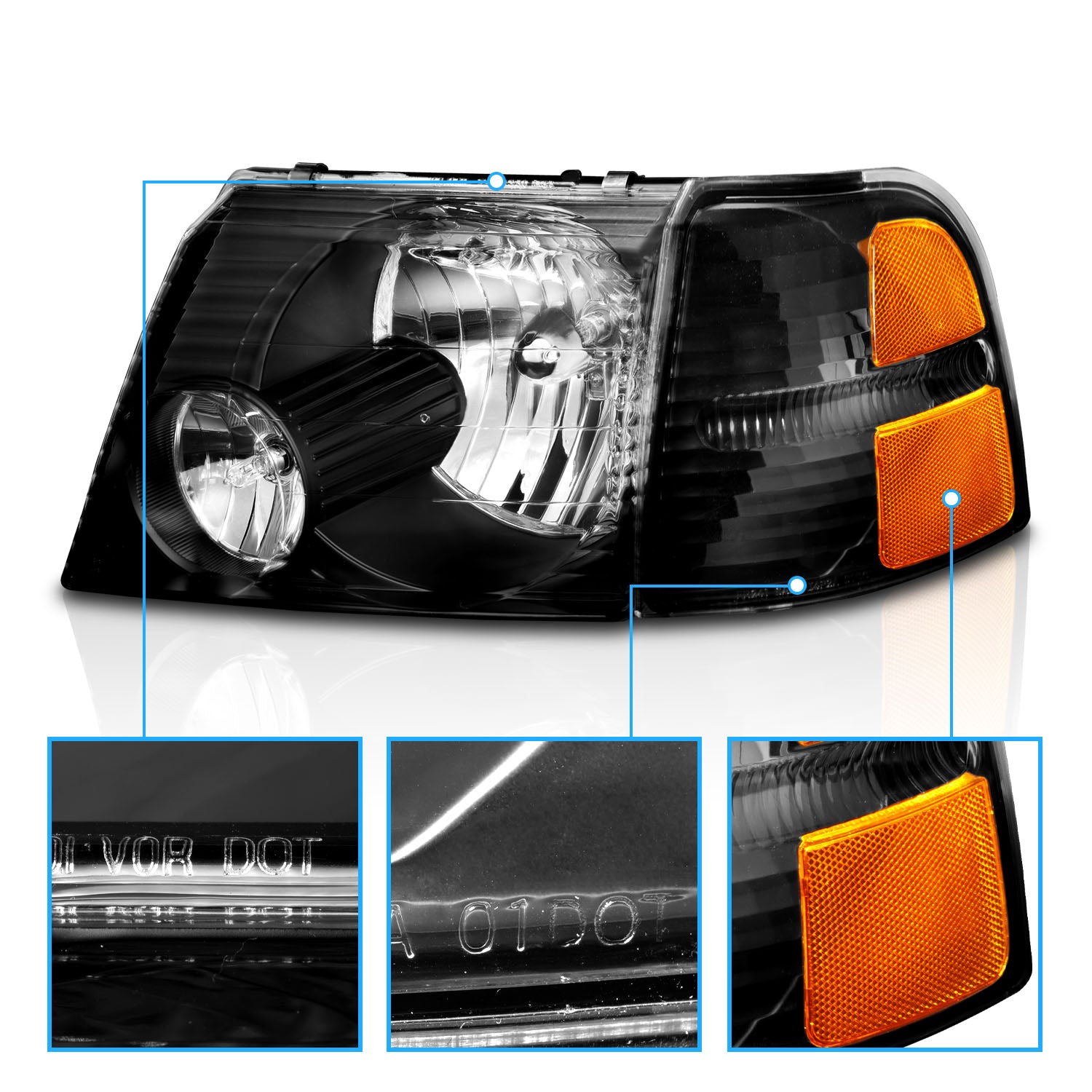 FORD EXPLORER 02-05 HEADLIGHTS BLACK W/ CORNER LIGHTS AMBER