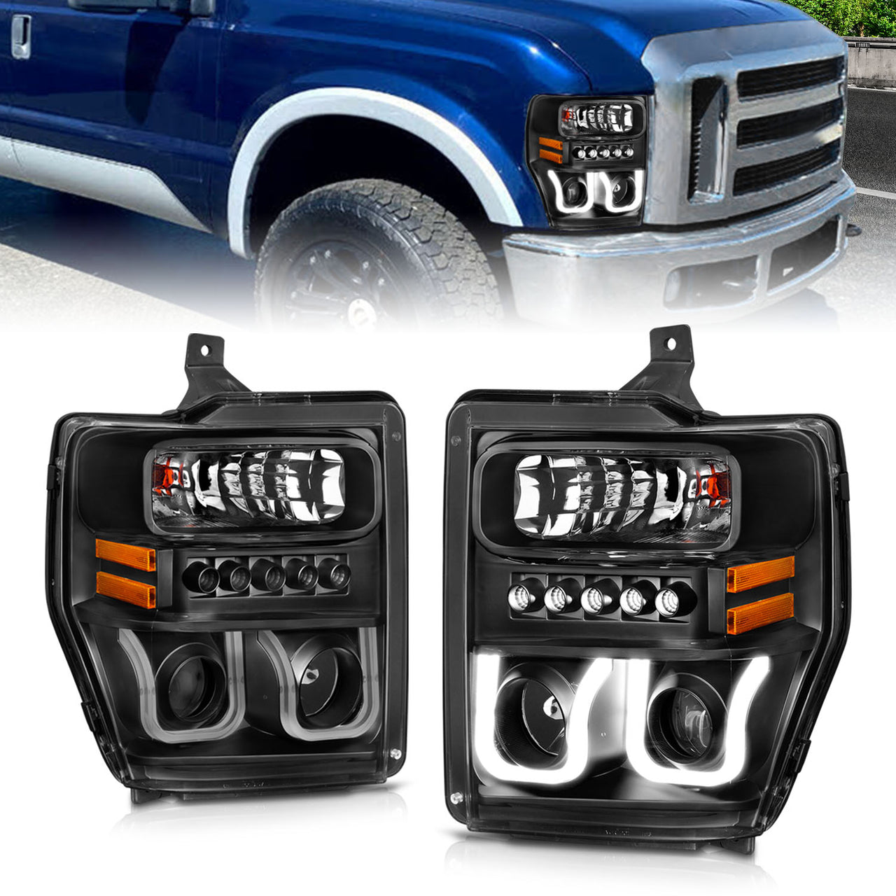 FORD F-250/SUPER DUTY 08-10 PROJECTOR U-BAR STYLE HEADLIGHTS BLACK CLEAR AMBER