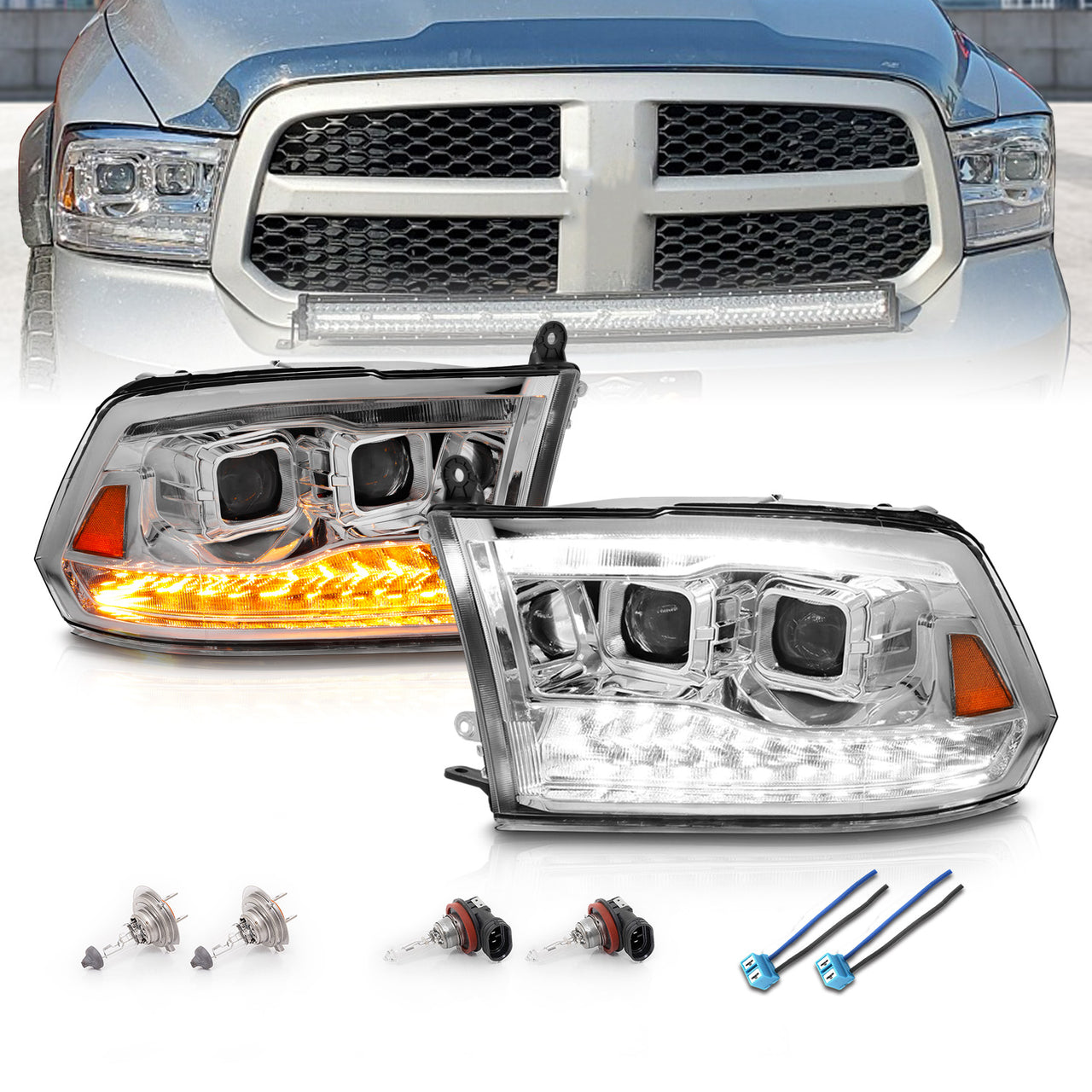 DODGE RAM R1500 09-18/10-12 R2500/R3500 (CODE LMA) (W/O QUAD LAMP) DG RAM SPORT 13-18 PROJECTOR SWITCHBACK HEADLIGHTS CHROME AMBER