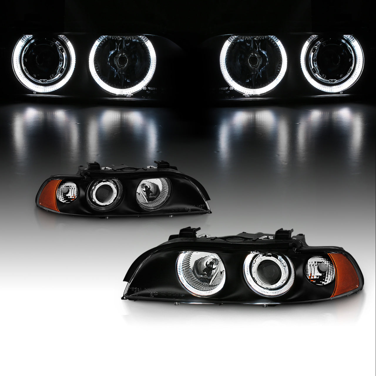 BMW 5 SERIES E39 95-01 PROJECTOR HEADLIGHTS HALO BLACK CLEAR AMBER