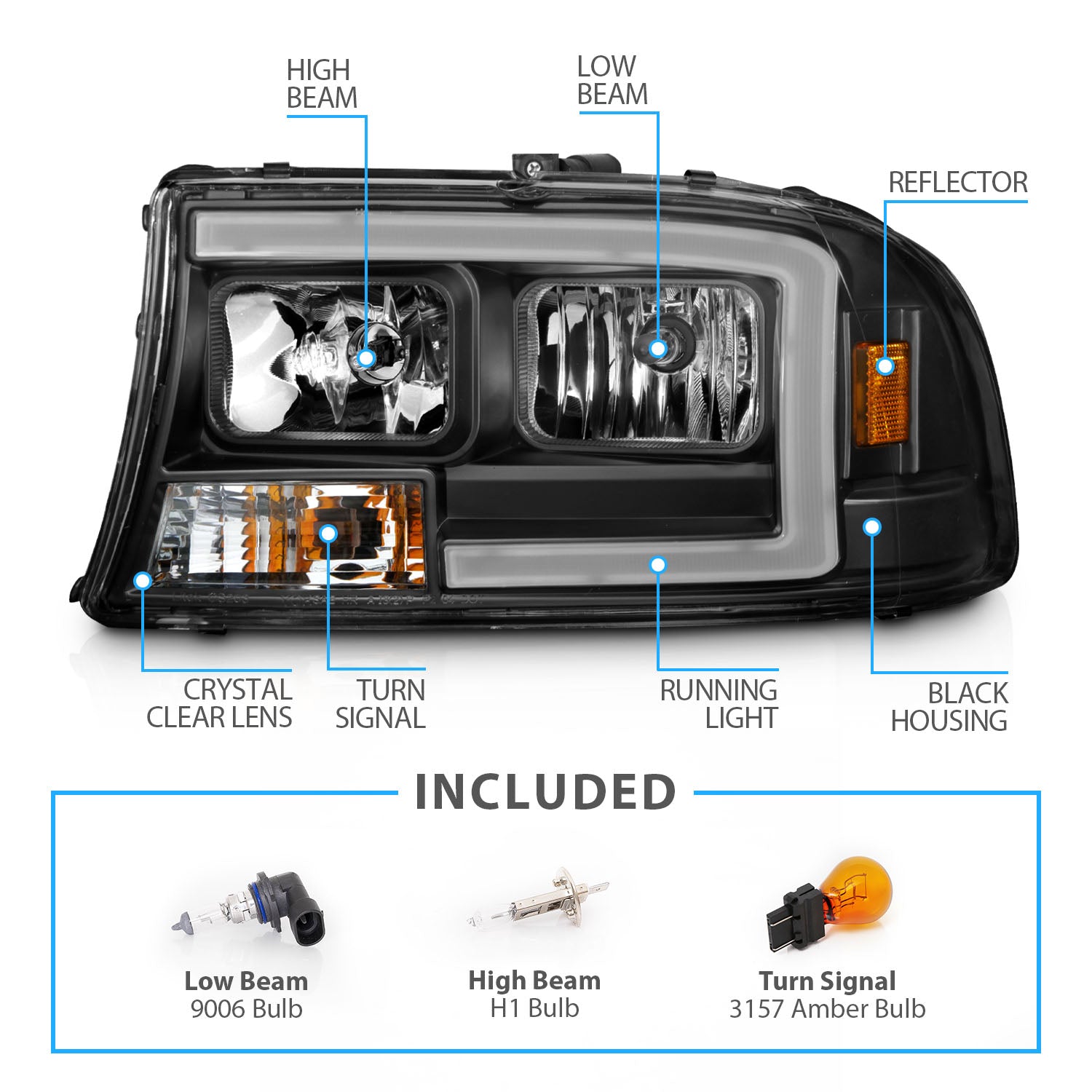 DODGE DAKOTA/DURANGO 97-04/98-03 HEADLIGHTS BLACK W/C LIGHT BAR