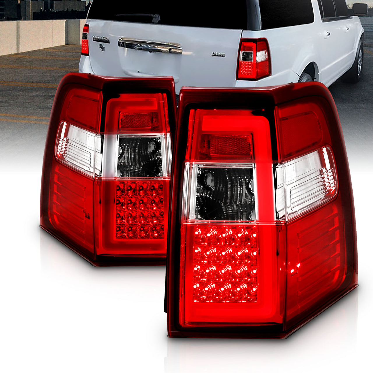 FORD EXPEDITION 07-17 LED TAIL LIGHTS RED/CLEAR LENS (SEQUENTIAL SIGNAL) W/ C-LIGHT BAR