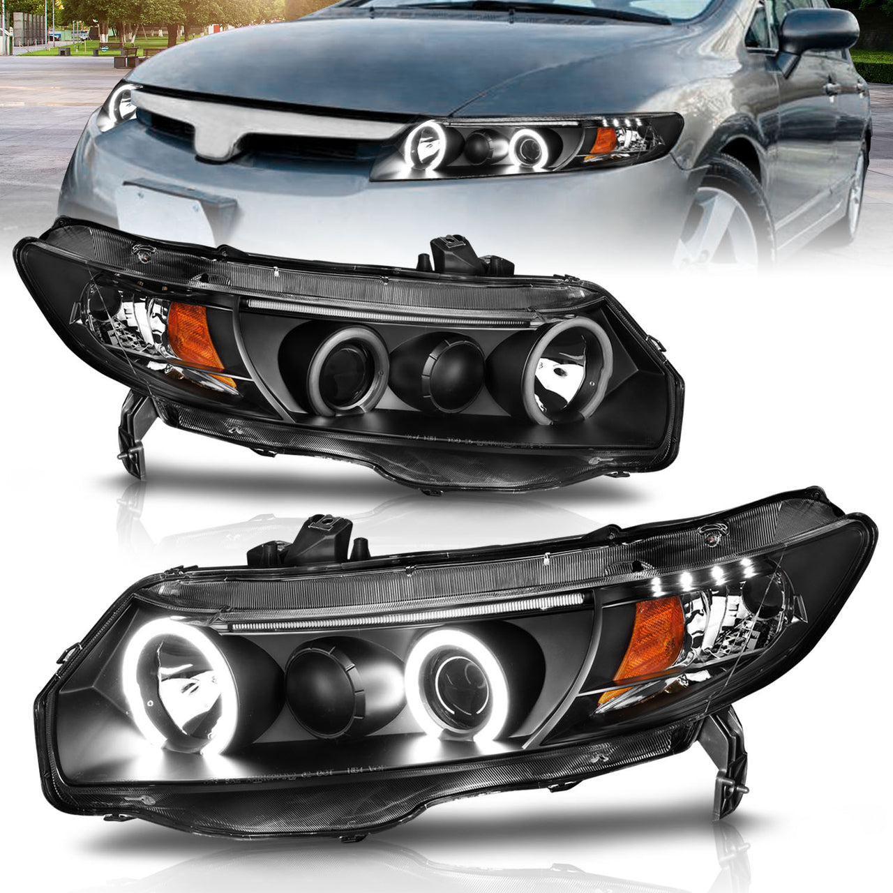 HONDA CIVIC 06-11 2DR PROJECTOR HEADLIGHTS HALO BLACK CLEAR AMBER (RX HALO)