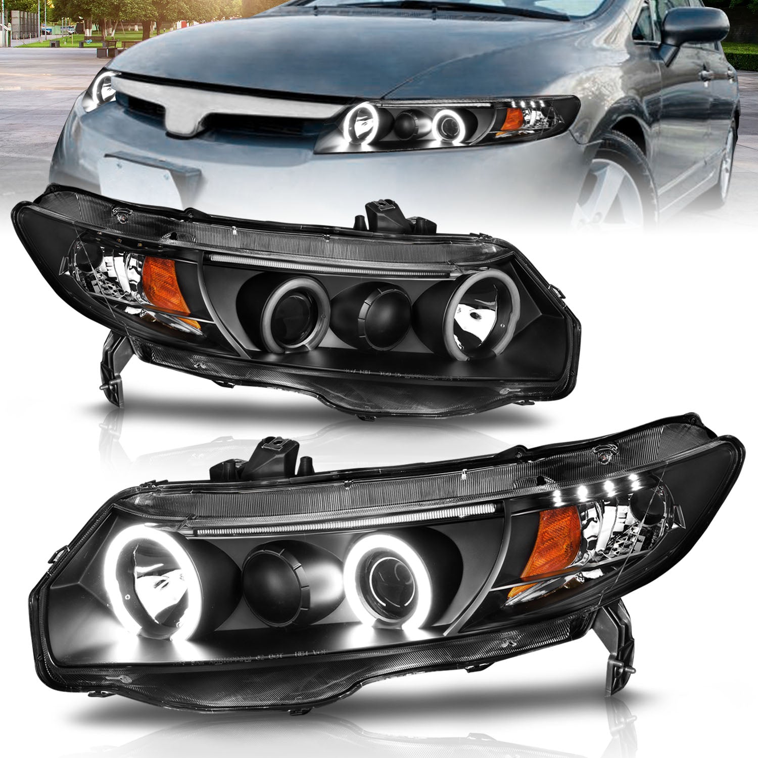 HONDA CIVIC 06-11 2DR PROJECTOR HEADLIGHTS HALO BLACK CLEAR AMBER (RX HALO)