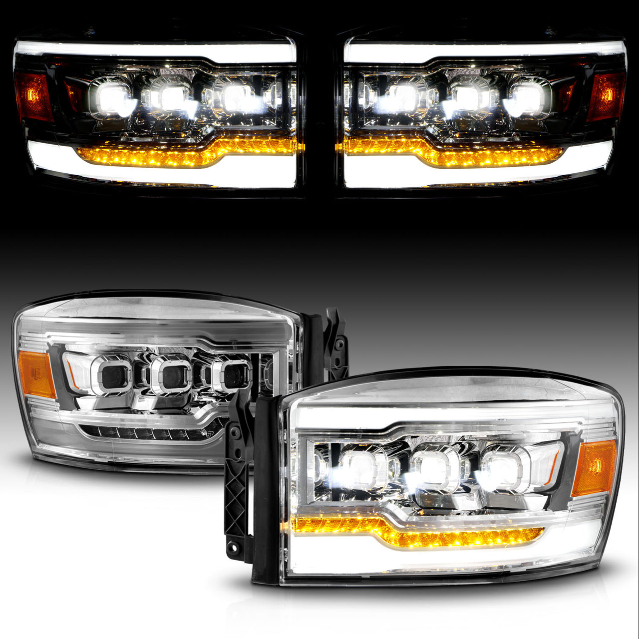 DODGE RAM 1500 06-08/ 2500/3500 06-09 FULL LED PROJECTOR LIGHT BAR STYLE HEADLIGHTS CHROME AMBER (SEQUENTIAL SIGNAL)