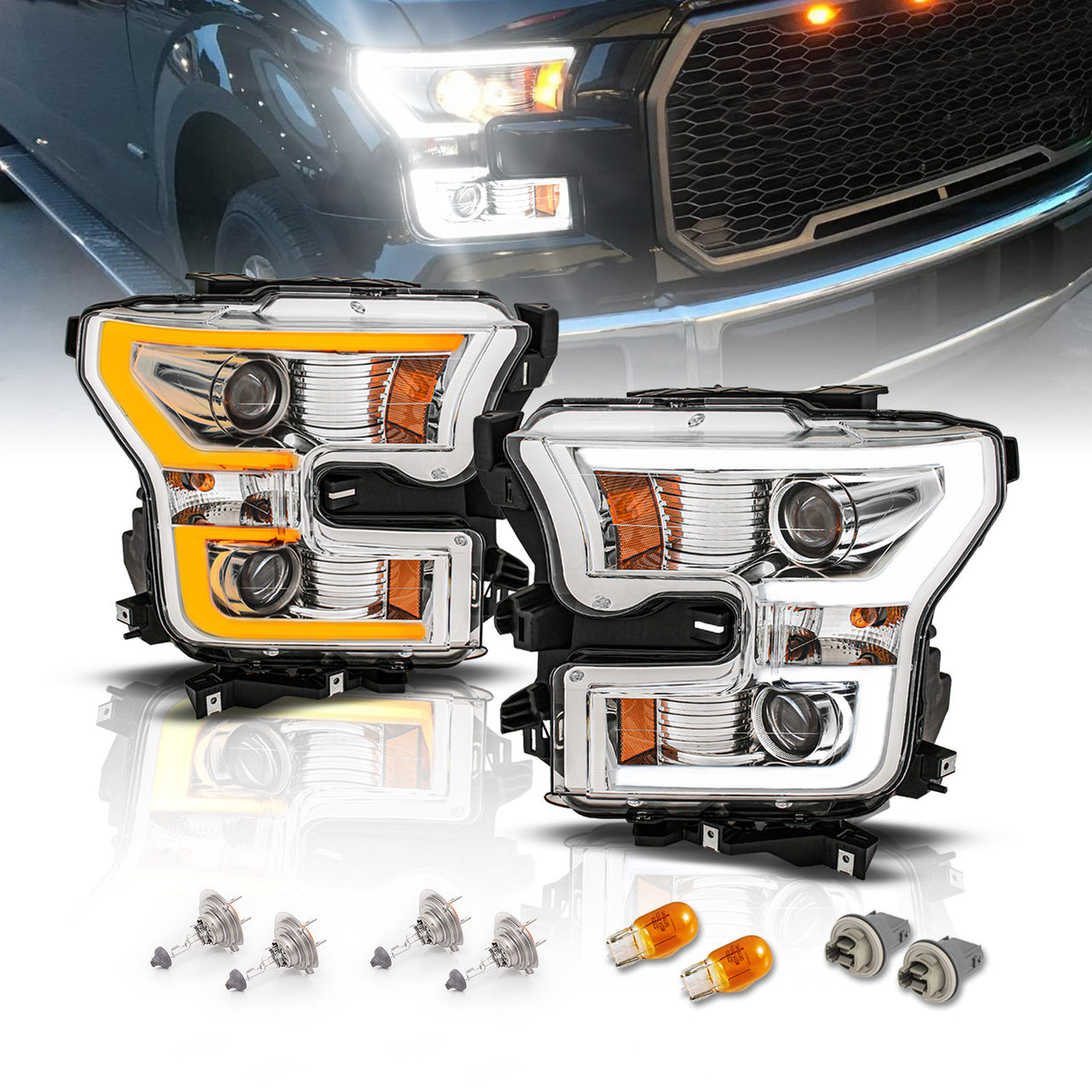 FORD F-150 15-17 PROJECTOR LIGHT BAR STYLE SWITCHBACK HEADLIGHTS CHROME AMBER