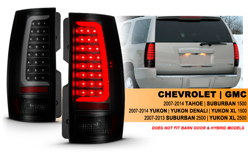 CHEVY TAHOE/SUBURBAN 07-14 LED TAIL LIGHTS BLACK HOUSING SMOKE LENS W/ C LIGHT BAR