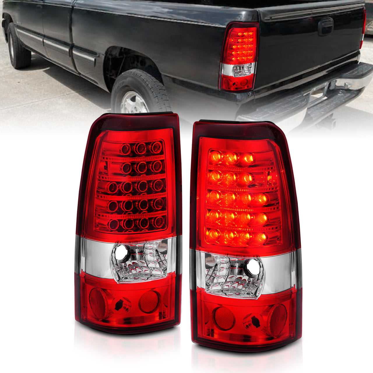 CHEVY SILVERADO 03-07 (1500/2500 SERIES 2003 & 1500/2500/3500 SRW SERIES 04-07) LED TAIL LIGHTS RED/CLEAR (4 HOLE)