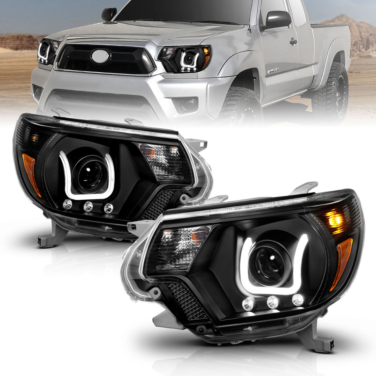 TOYOTA TACOMA 2012 PROJECTOR U-BAR STYLE HEADLIGHTS BLACK CLEAR AMBER