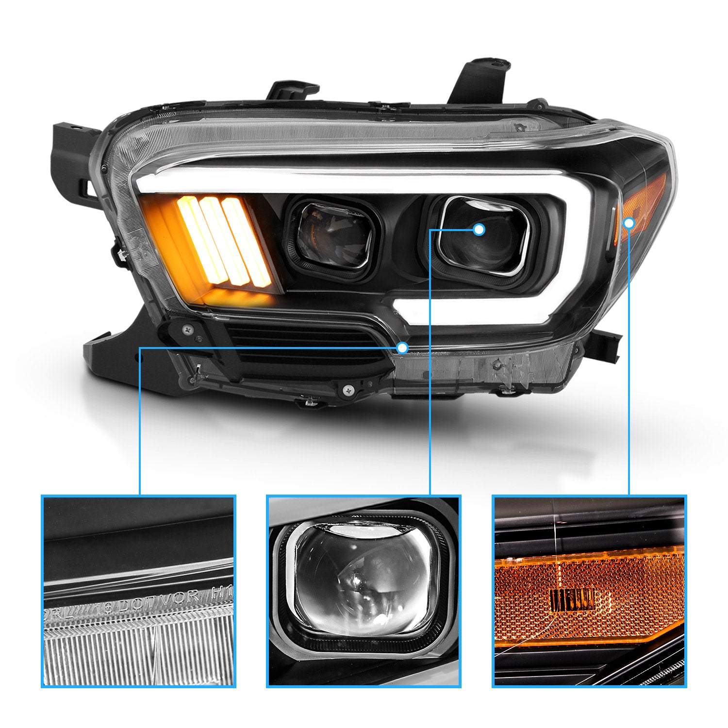 TOYOTA TACOMA 16-23 PROJECTOR LIGHT BAR STYLE HEADLIGHTS BLACK AMBER