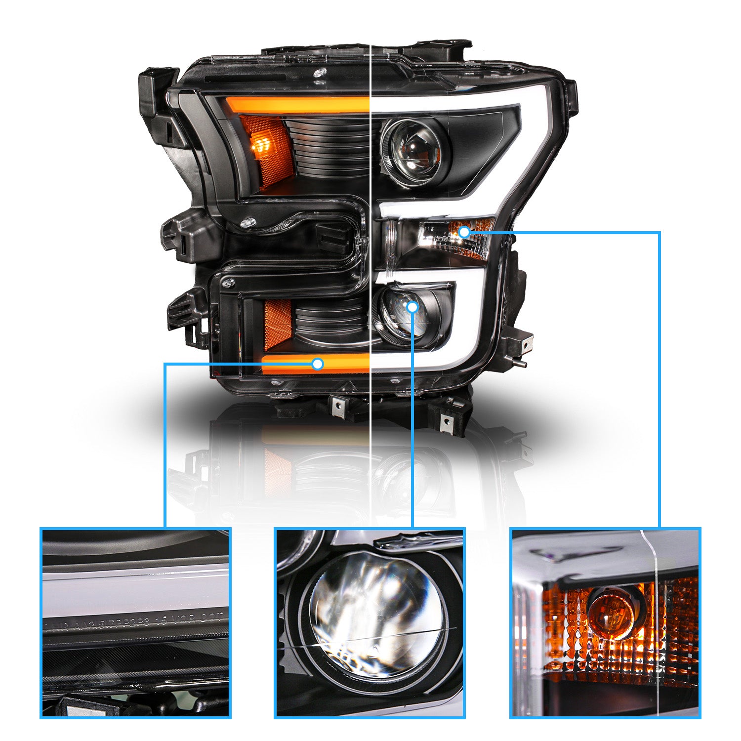 FORD F-150 15-17 PROJECTOR LIGHT BAR STYLE SWITCHBACK HEADLIGHTS BLACK AMBER