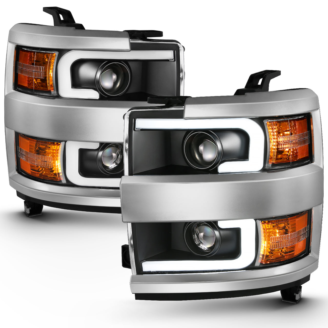 CHEVY SILVERADO 2500HD/3500HD 15-17 PROJECTOR LIGHT BAR STYLE HEADLIGHTS BLACK AMBER (CHROME RIM)