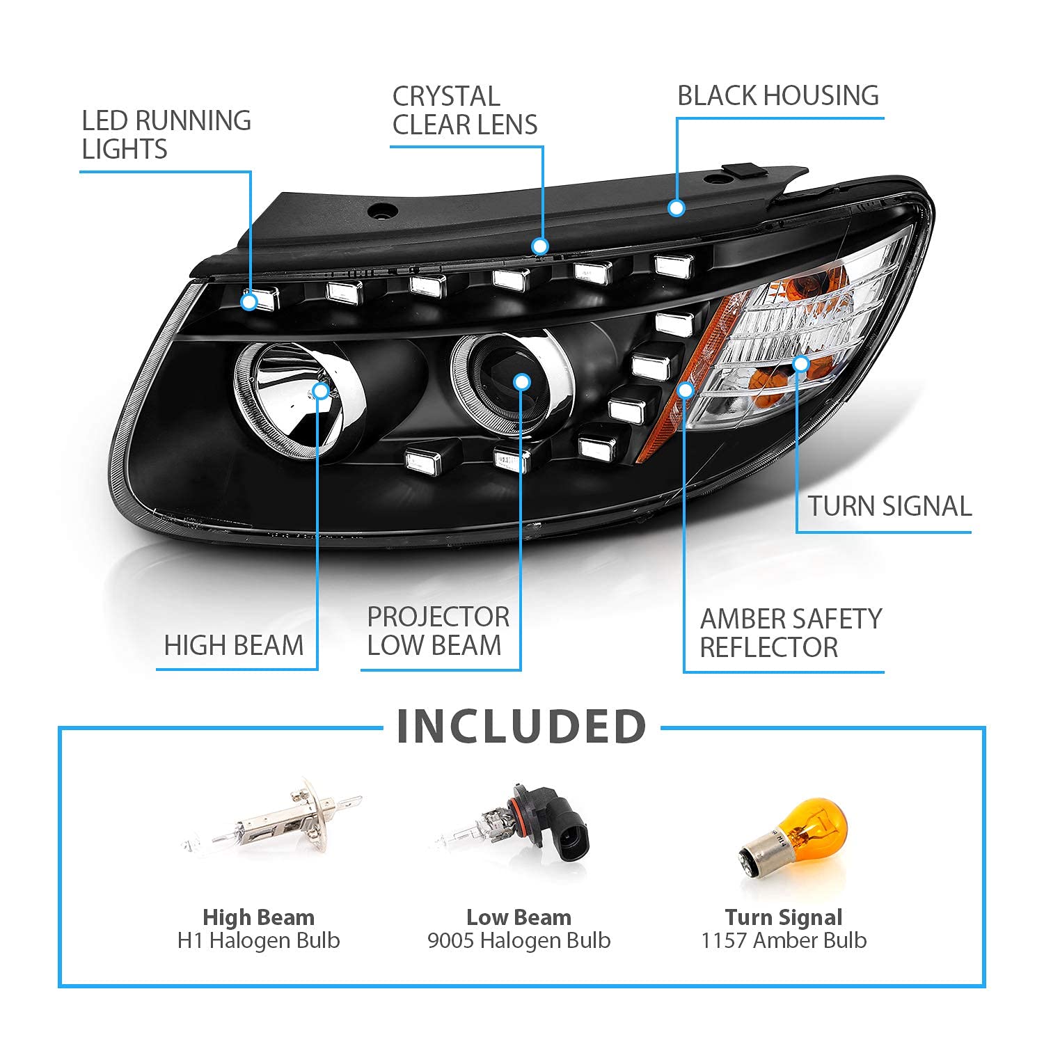 HYUNDAI SANTA FE PROJECTOR HEADLIGHTS BLACK AMBER (ONLY FITS MODELS BEFORE 7/11/2007)