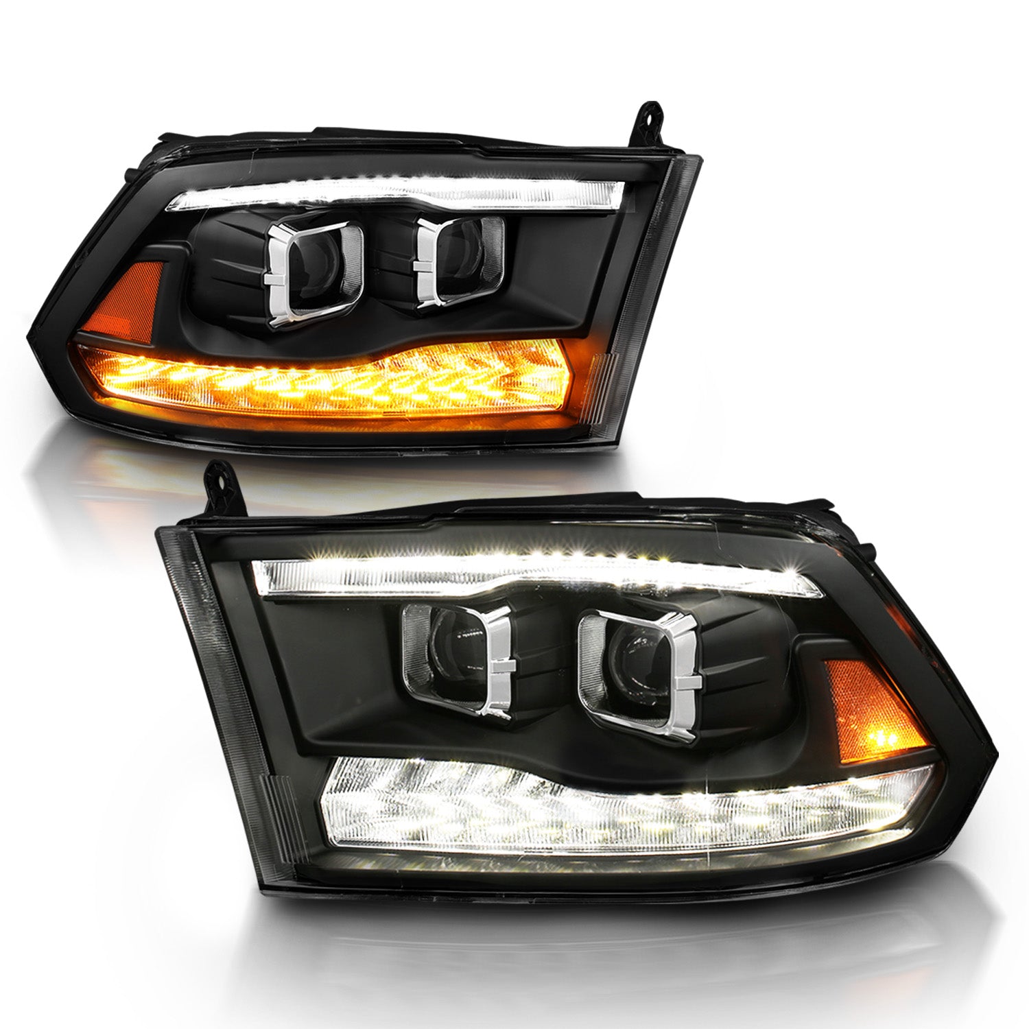 DODGE RAM R1500 09-20/10-20 R2500/R3500 (CODE LMA) (W/O QUAD LAMP) DG RAM SPORT 13-20 PROJECTOR SWITCHBACK HEADLIGHTS BLACK AMBER