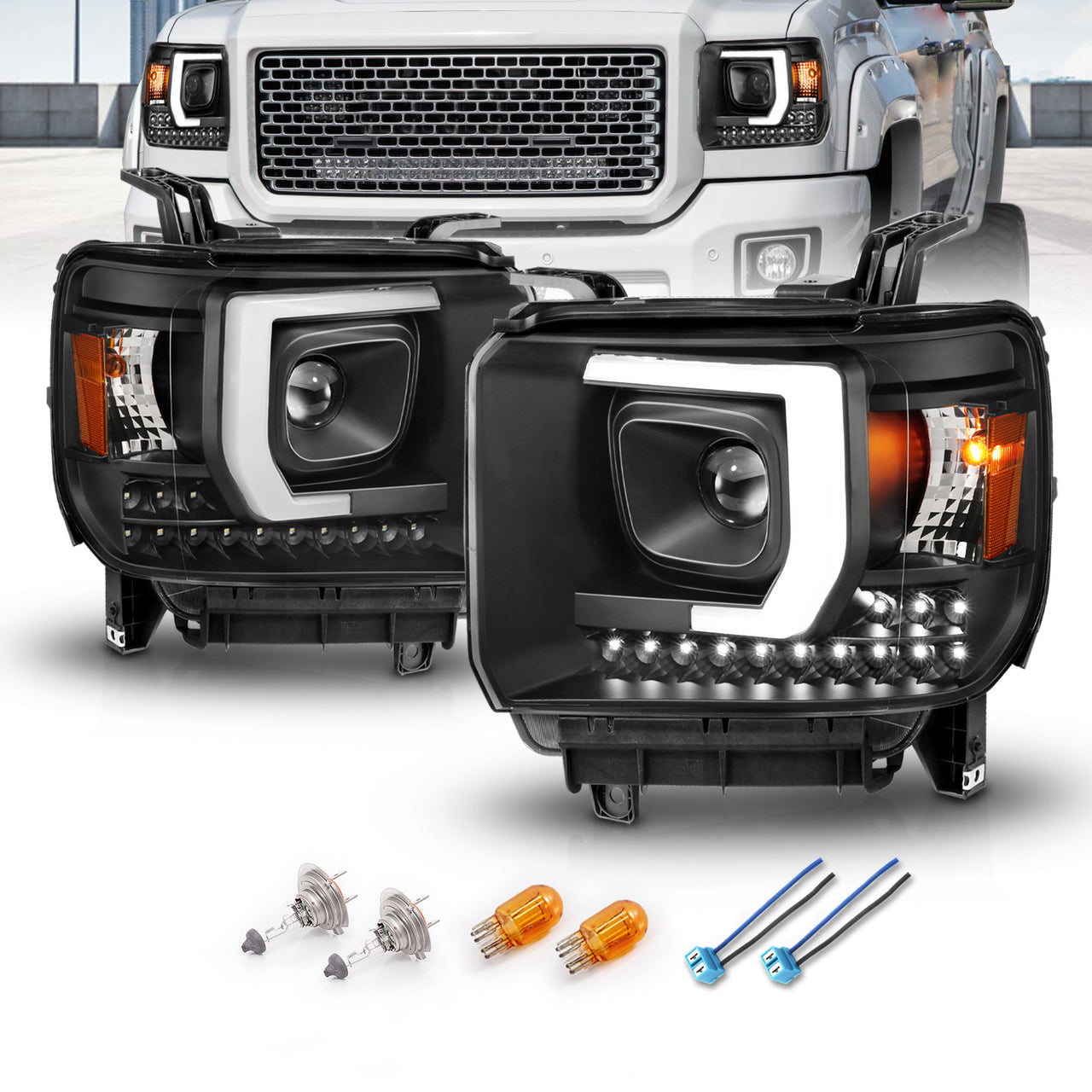 GMC SIERRA 1500 14-15 /2500HD/3500HD 15-19 PROJECTOR LIGHT BAR STYLE HEADLIGHTS BLACK W/ DRL HALOGEN TYPE MODEL W/O FACTORY DRL)