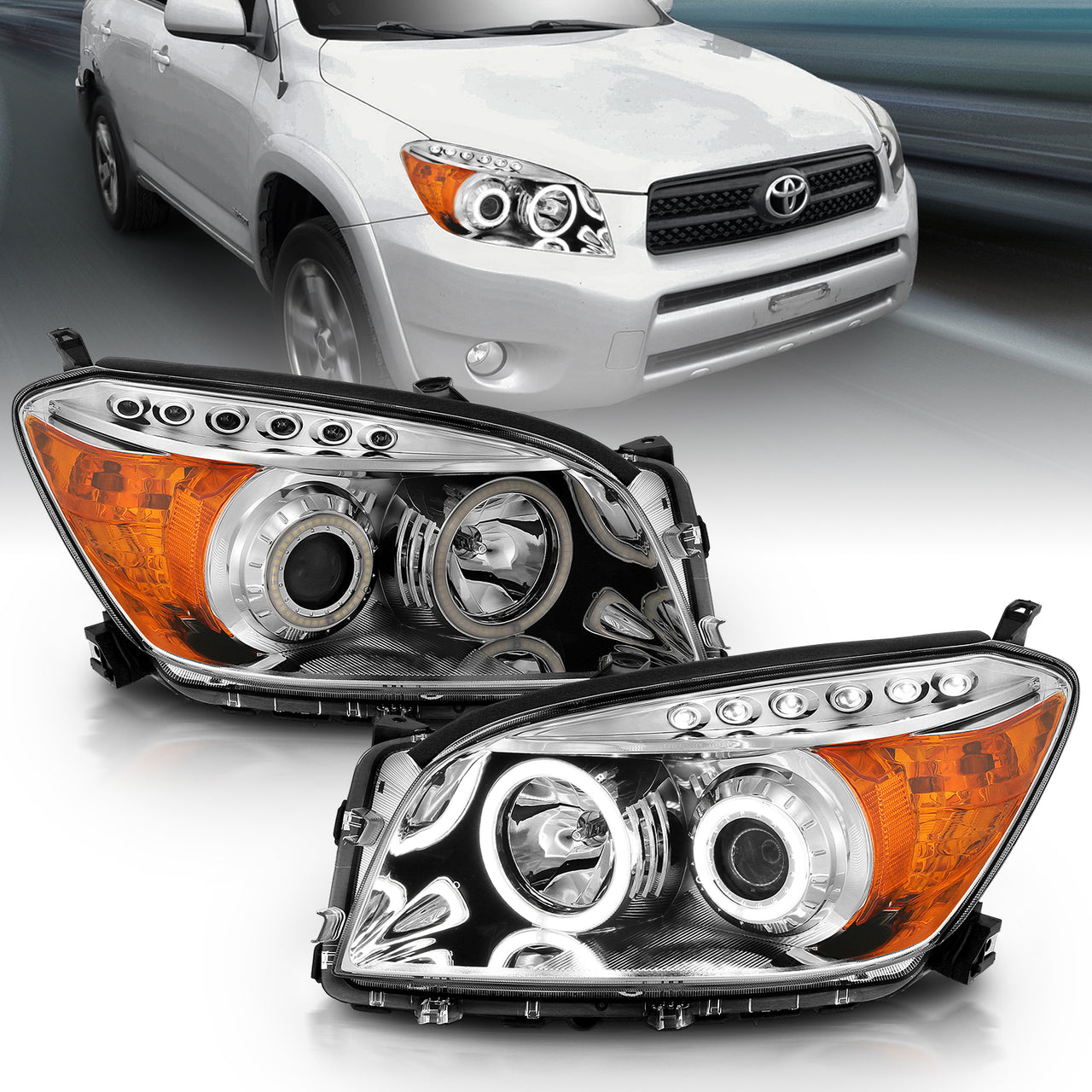 TOYOTA RAV-4 06-08 PROJECTOR HEADLIGHTS CHROME CLEAR AMBER (RX HALO)