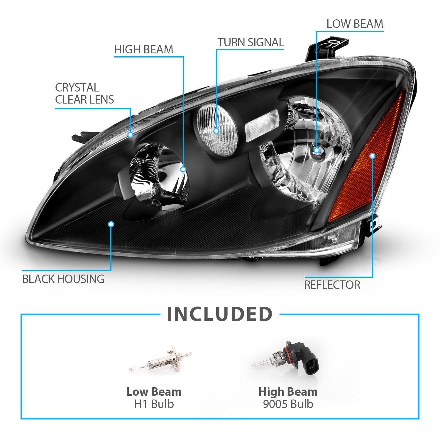 NISSAN ALTIMA 02-04 HEADLIGHTS CRYSTAL BLACK AMBER