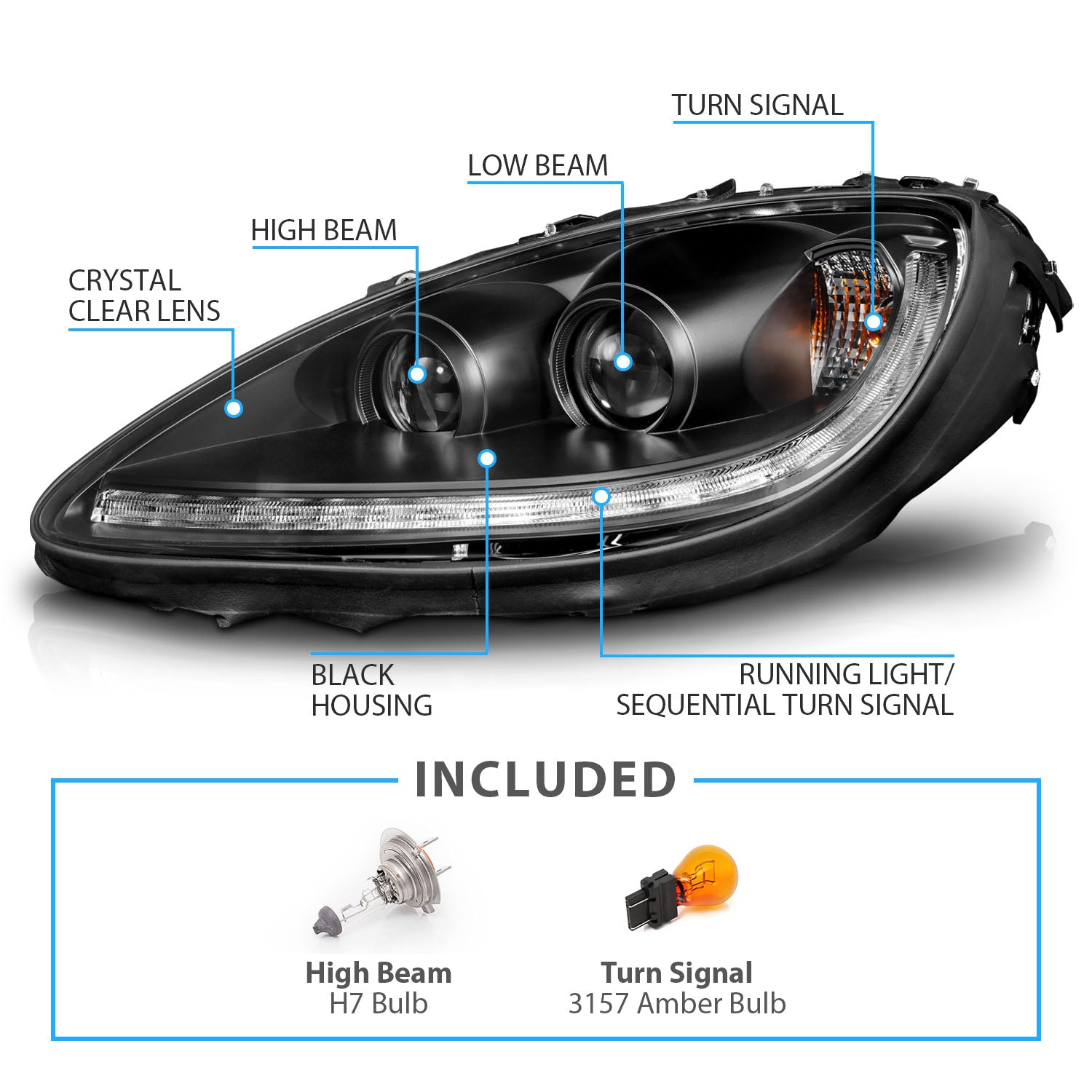 CHEVY CORVETTE 05-13 PROJECTOR SEQUENTIAL LIGHT BAR HEADLIGHTS BLACK AMBER(W/ DRL)(W/O HID KITS)