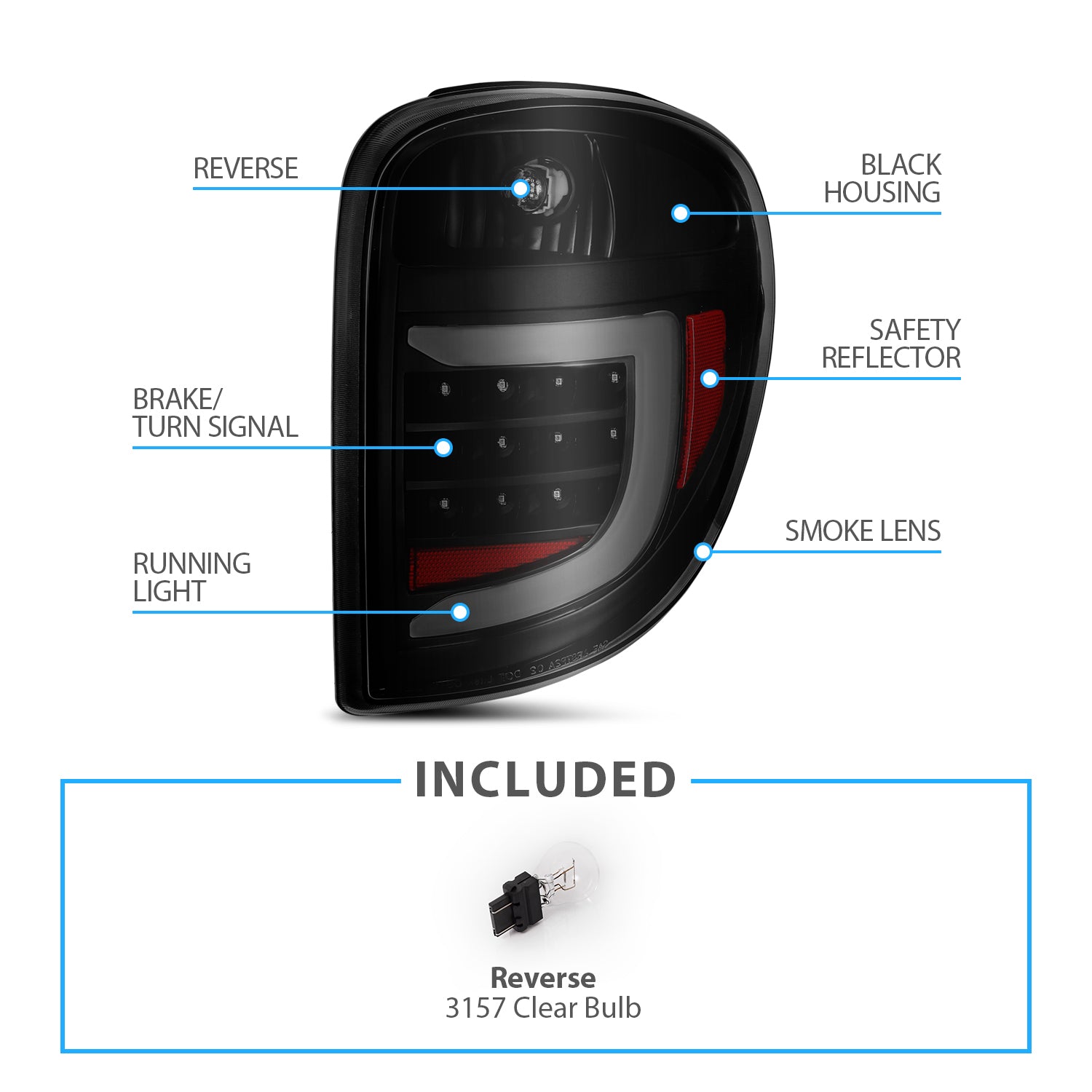 DODGE GRAND CARAVAN; CRYSLER TOWN&COUNTRY 04-07 L.E.D T.L BLACK HOUSING SMOKE LENS W/ C LIGHT BAR