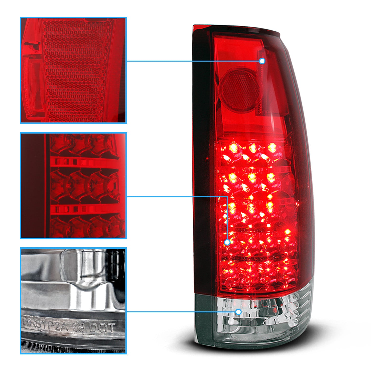 CHEVY /GMC C/K 1500/2500/3500 88-99, SUBURBAN/YUKON 92-00, TAHOE 94-00, BLAZER 92-94, CADILLAC ESCALADE 99-00 LED TAIL LIGHTS CHROME HOUSING RED/CLEAR LENS