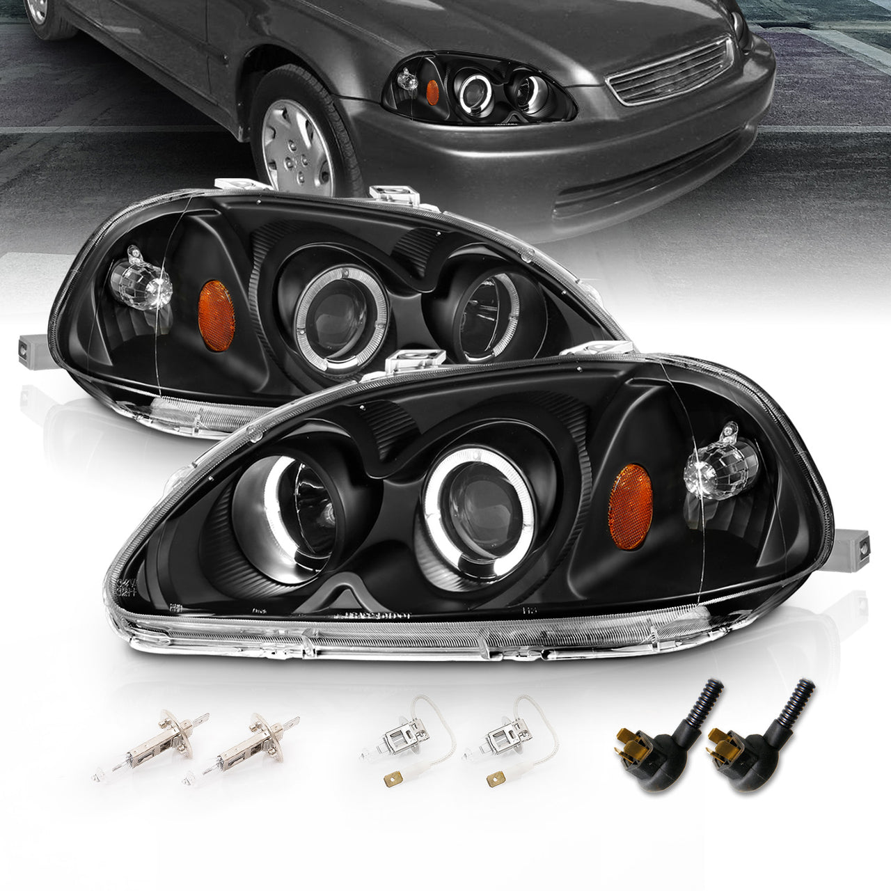 HONDA CIVIC 96-98 PROJECTOR HEADLIGHTS HALO BLACK CLEAR AMBER