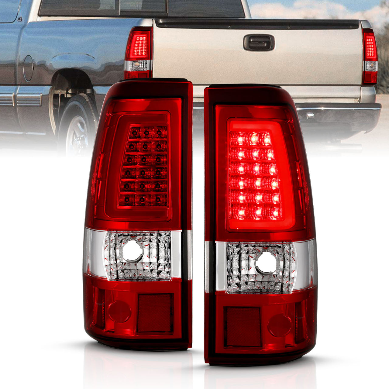 CHEVY SILVERADO 03-07 (1500/2500 SERIES 2003 & 1500/2500/3500 SRW SERIES LED TAIL LIGHTS RED/CLEAR  W/ C LIGHT BAR (3 HOLE)