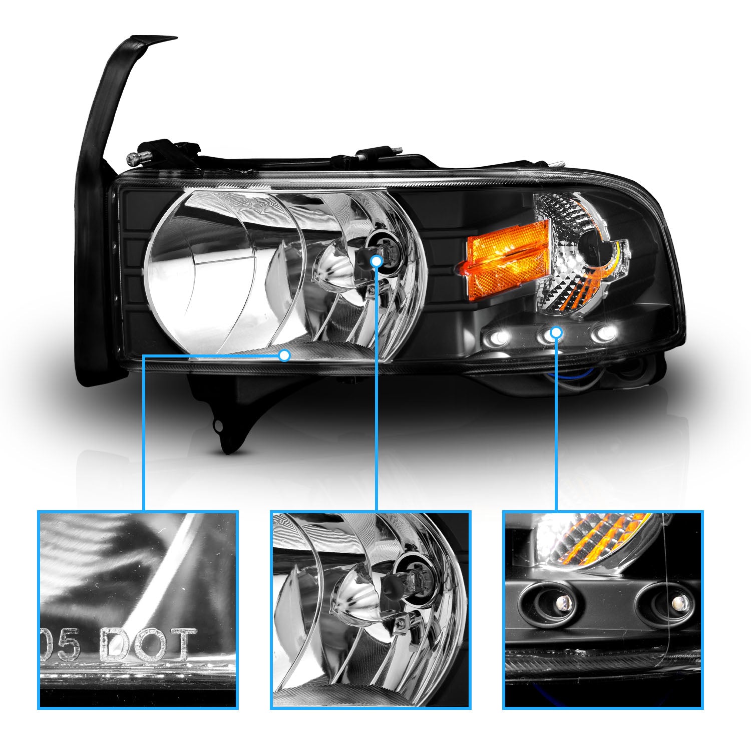 DODGE RAM 94-01 CRYSTAL HEADLIGHTS BLACK W/ LED AMBER