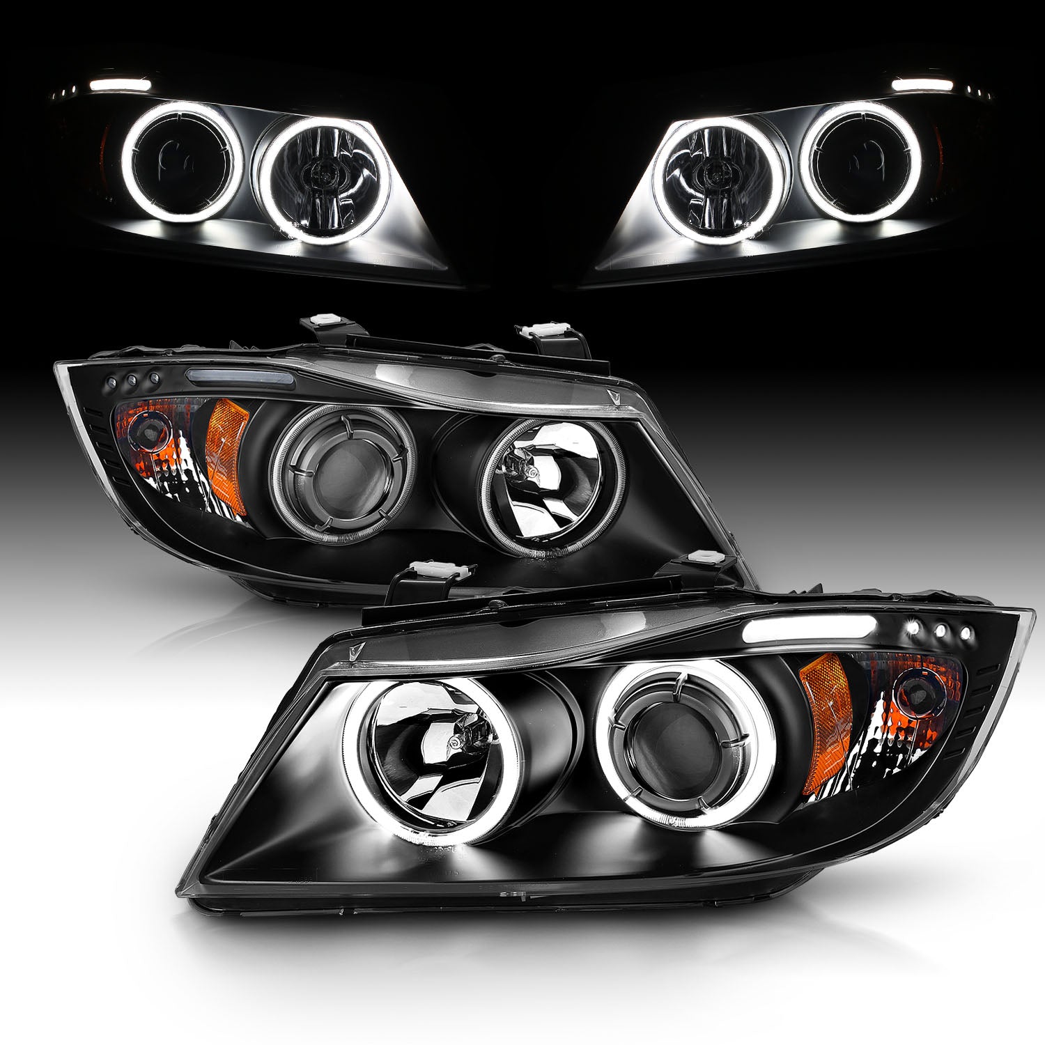 BMW 3 SERIES E90/E91 06-08 4DR/WAGON PROJECTOR HEADLIGHTS HALO W/ LED BAR BLACK CLEAR AMBER (RX HALO)