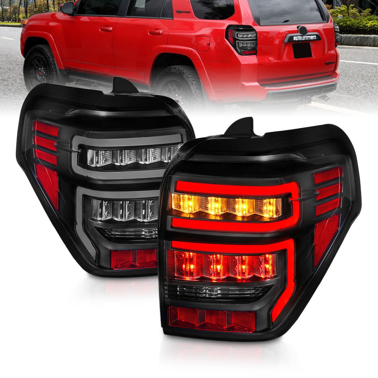 TOYOTA 4 RUNNER 14-23 TAIL LIGHTS BLACK HOUSING CLEAR LENS RED LIGHT BAR