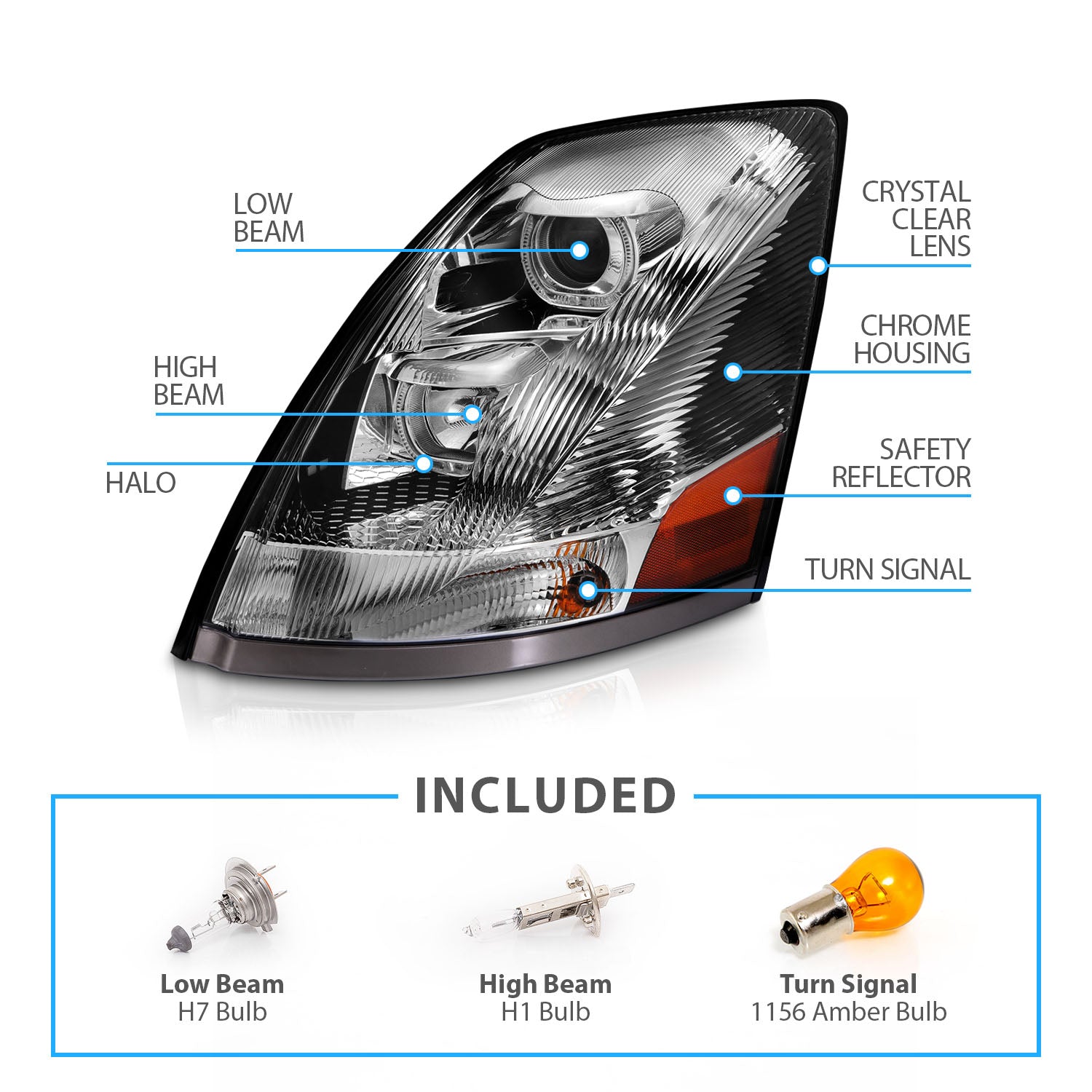 VOLVO VN/VNL SERIES 04-15 PROJECTOR U BAR STYLE H.L CHROME AMBER REFLECTOR (LEFT)