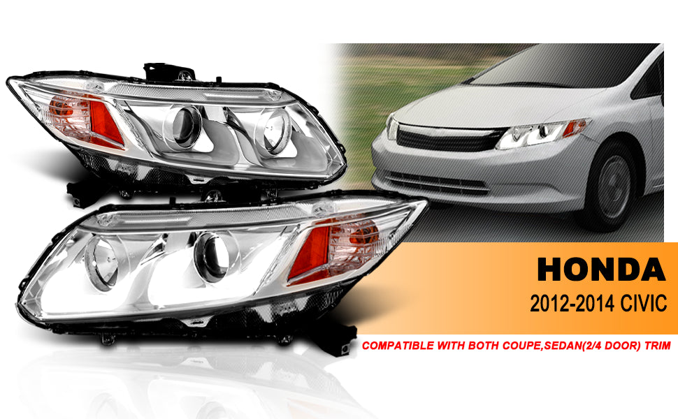 HONDA CIVIC 12-13 2/4DR PROJECTOR U-BAR STYLE HEADLIGHTS CHROME CLEAR AMBER