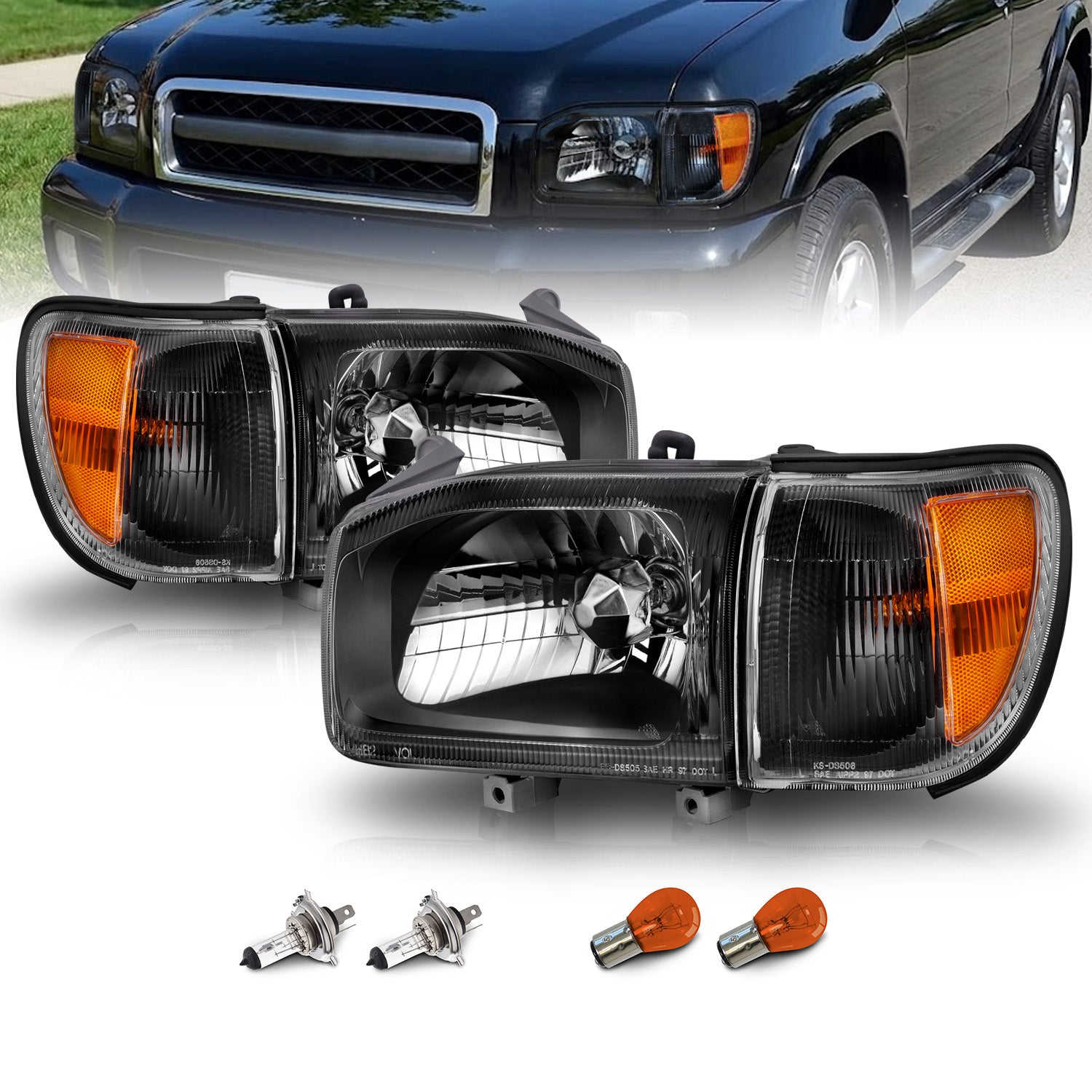 NISSAN PATHFINDER 99-03 HEADLIGHTS BLACK AMBER W/ CORNER LIGHTS