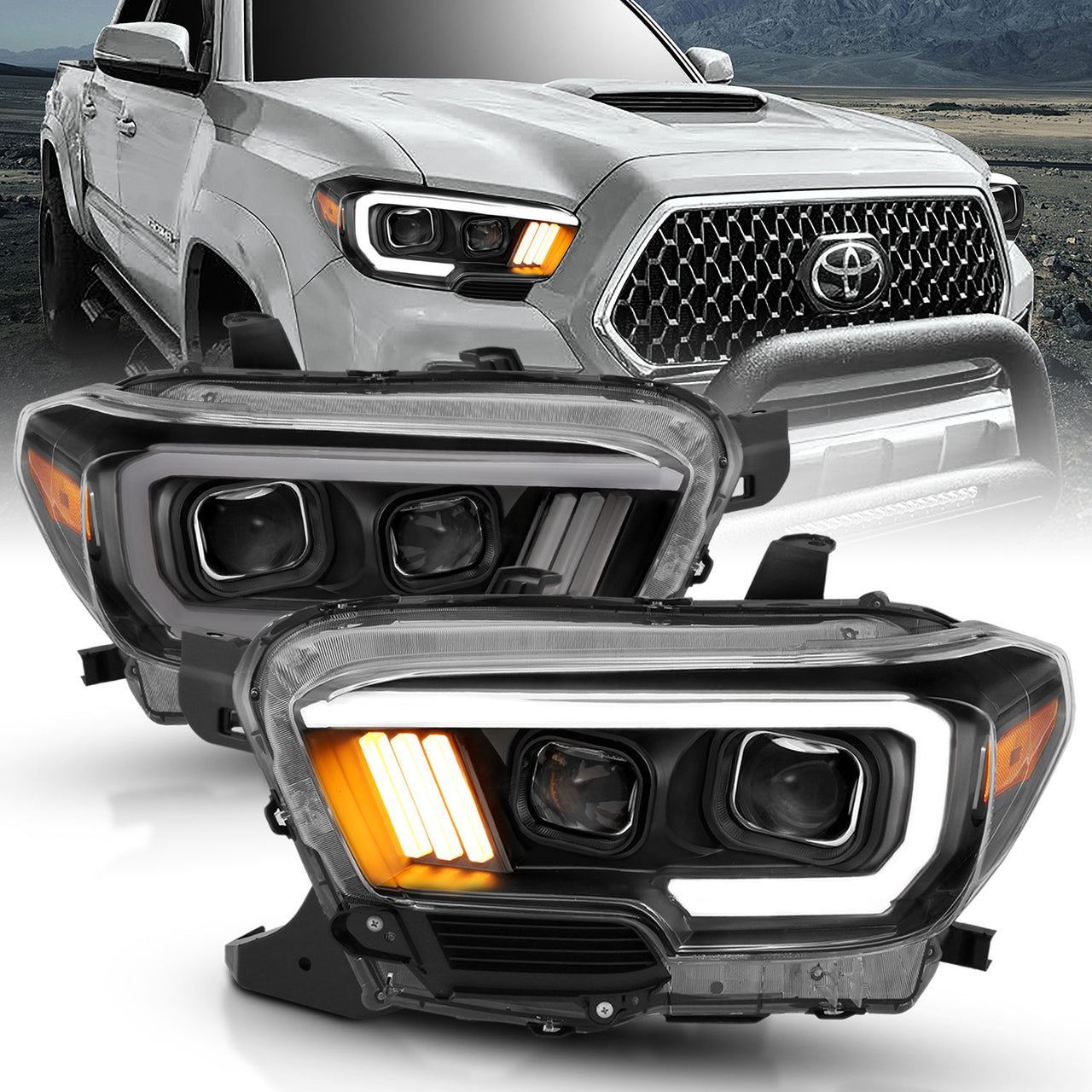 TOYOTA TACOMA 16-23 PROJECTOR LIGHT BAR STYLE HEADLIGHTS BLACK AMBER