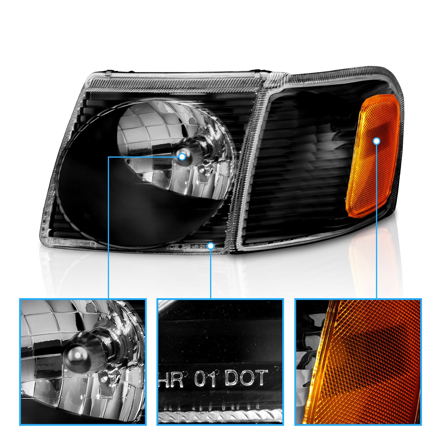 FORD EXPLORER SPORT TRAC 01-05 CRYSTAL HEADLIGHTS W/ CORNER LIGHTS BLACK AMBER