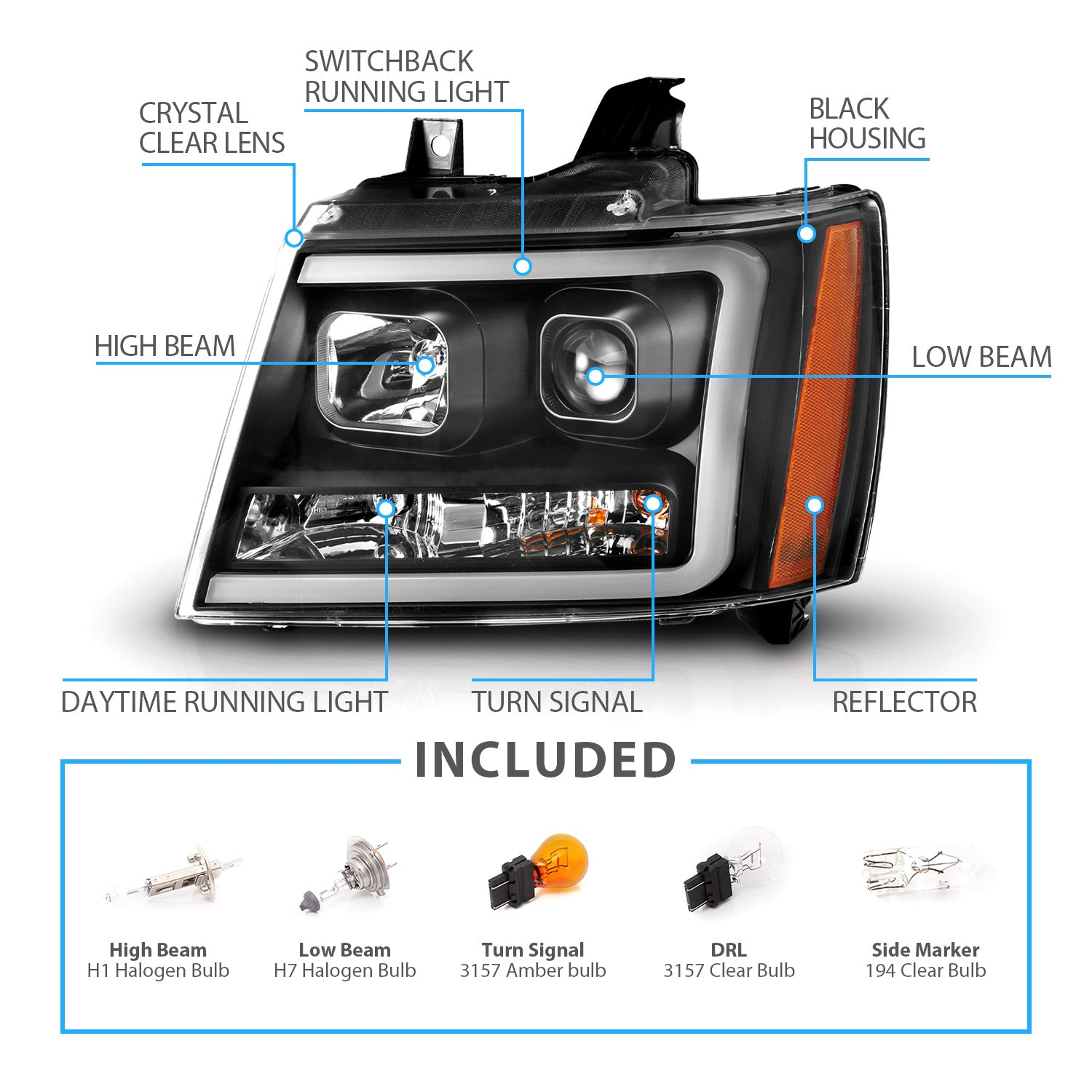 CHEVY TAHOE/SUBURBAN/AVALANCHE 07 PROJECTOR HEADLIGHTS G3 BLACK CLEAR AMBER