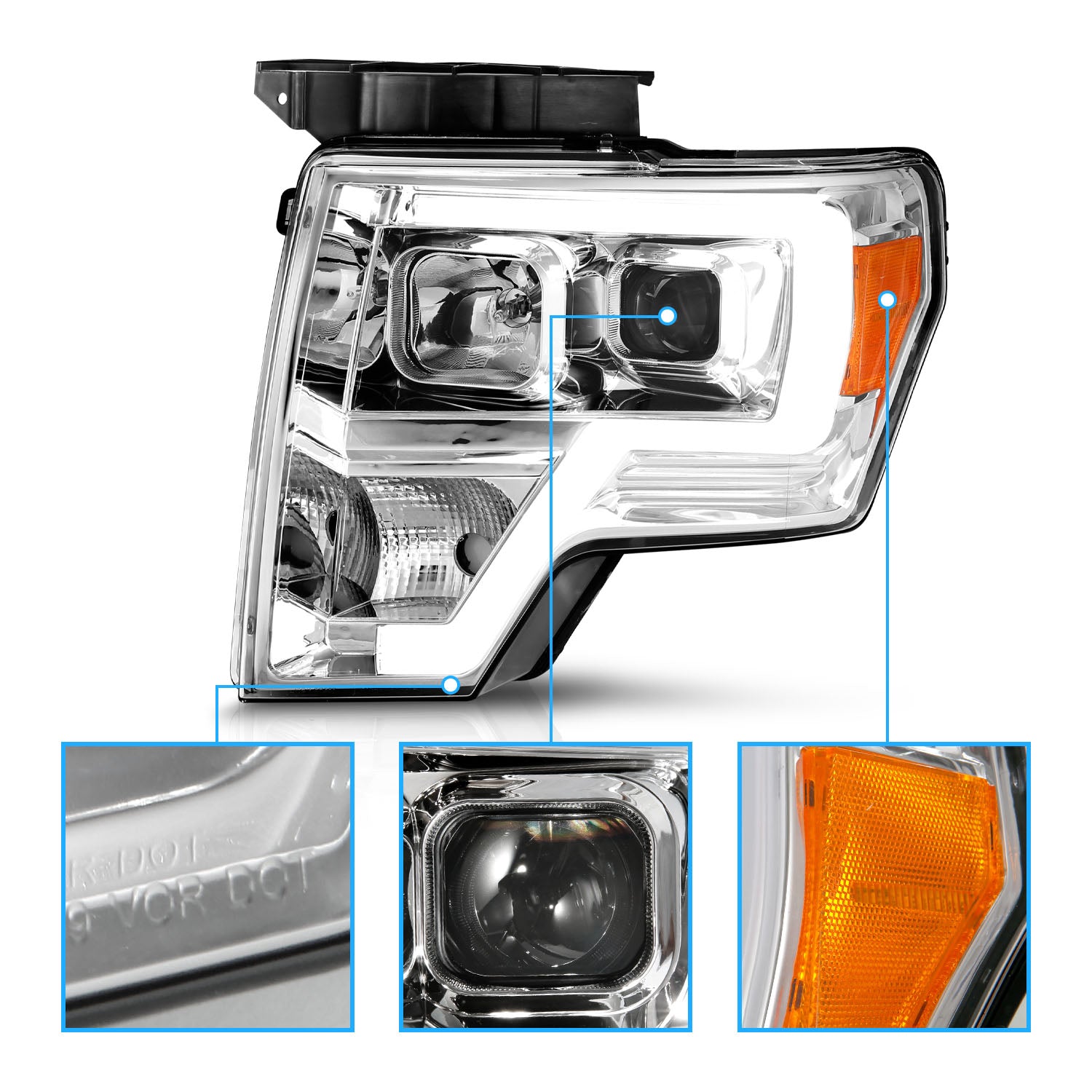 FORD F-150 09-13 PROJECTOR LIGHT BAR STYLE HEADLIGHTS CHROME AMBER