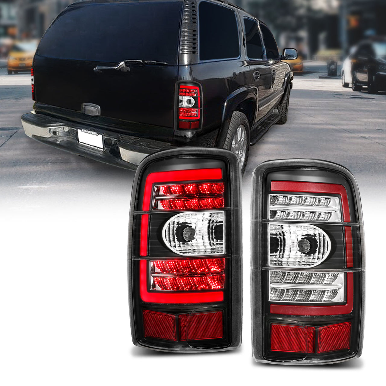 CHEVY TAHOE/SUBURBAN/GMC DENALI 00-06 LED TAIL LIGHTS CLEAR LENS BLACK HOUSING
