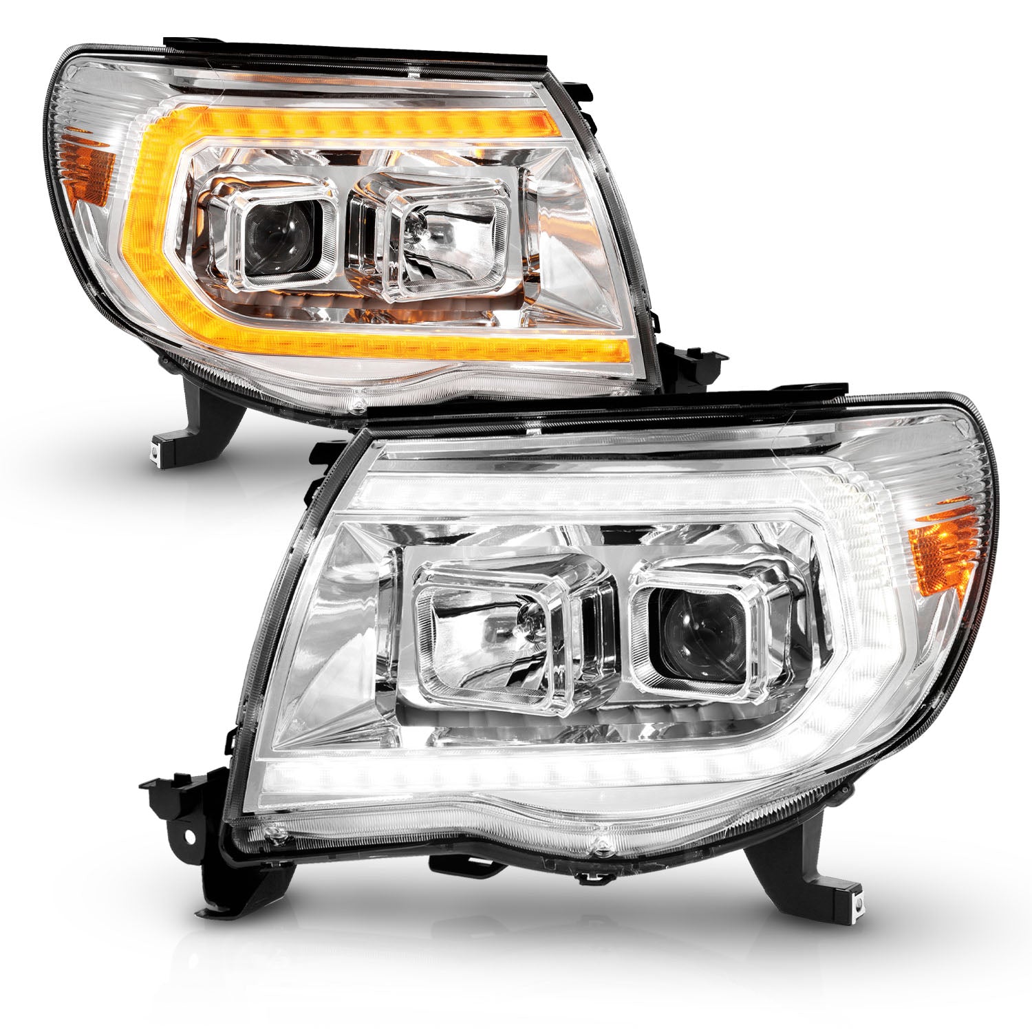 TOYOTA TACOMA 05-11 PROJECTOR SEQUENTIAL LIGHT BAR STYLE HEADLIGHTS CHROME AMBER  (W/ C LIGHT BAR)