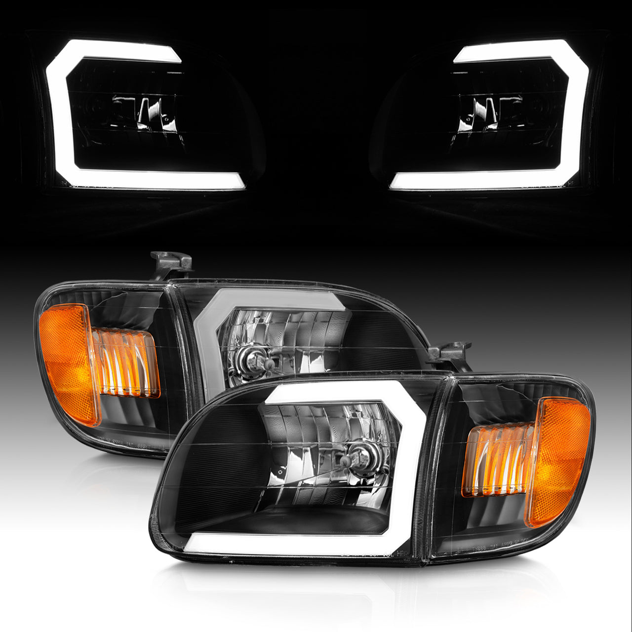 TOYOTA TUNDRA 00-04 HEADLIGHTS BLACK AMBER W/ C LIGHT BAR  W/CORNER LIGHTS (REGULAR CAB, ACCESS CAB)