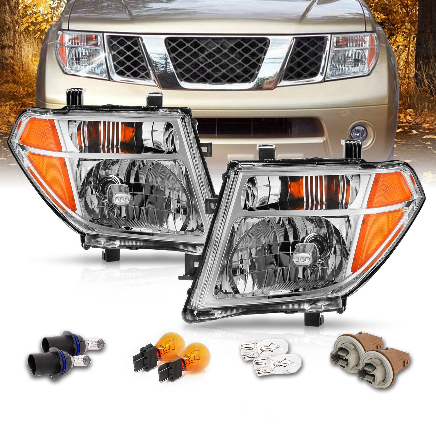 NISSAN PATHFINDER 05-08 /FRONTIER 05-07 HEADLIGHTS CHROME AMBER (OE REPLACEMENT)