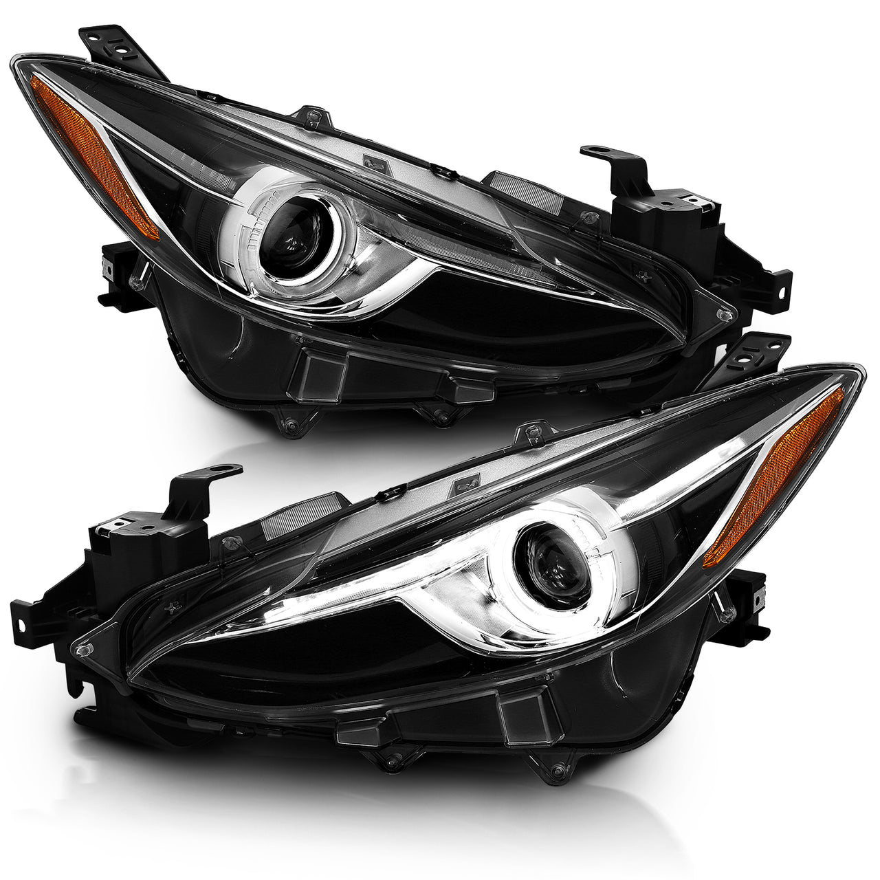 MAZDA 3 14-15 4DR PROJECTOR HEADLIGHTS WHITE PLUS LED HALO BLACK AMBER
