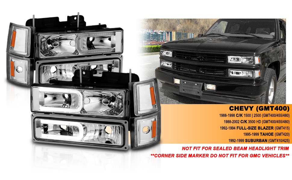 CHEVY CK / C10 /SILVERADO/ TAHOE / SUBURBAN/BLAZER 94-98 HEADLIGHTS  W/ SIGNAL & SIDE MARKERS (8PCS) SET CHROME HOUSING CLEAR LENS W/ C LIGHT BAR