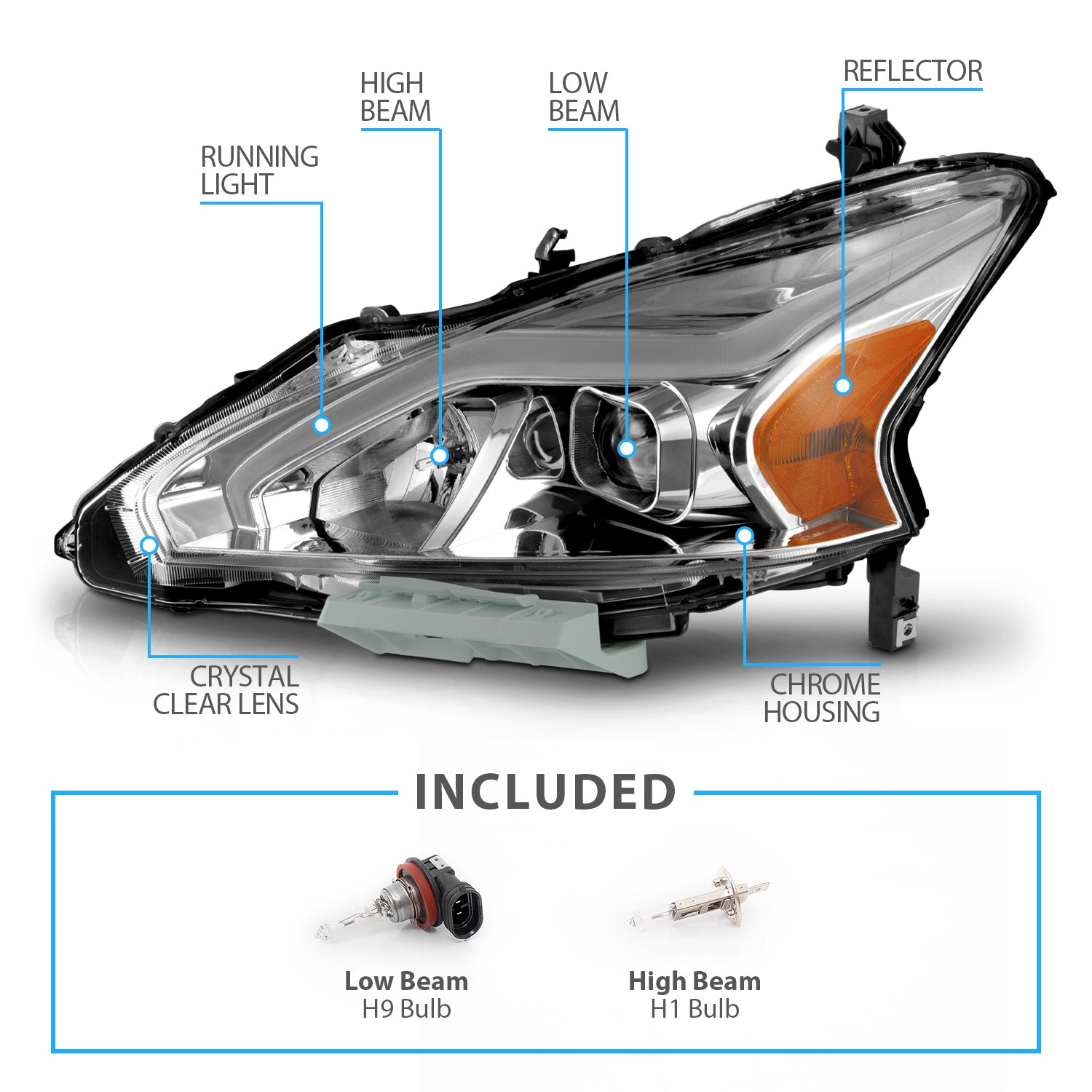 NISSAN ALTIMA 13-15 4DR PROJECTOR LIGHT BAR G2 HEADLIGHTS CHROME CLEAR AMBER