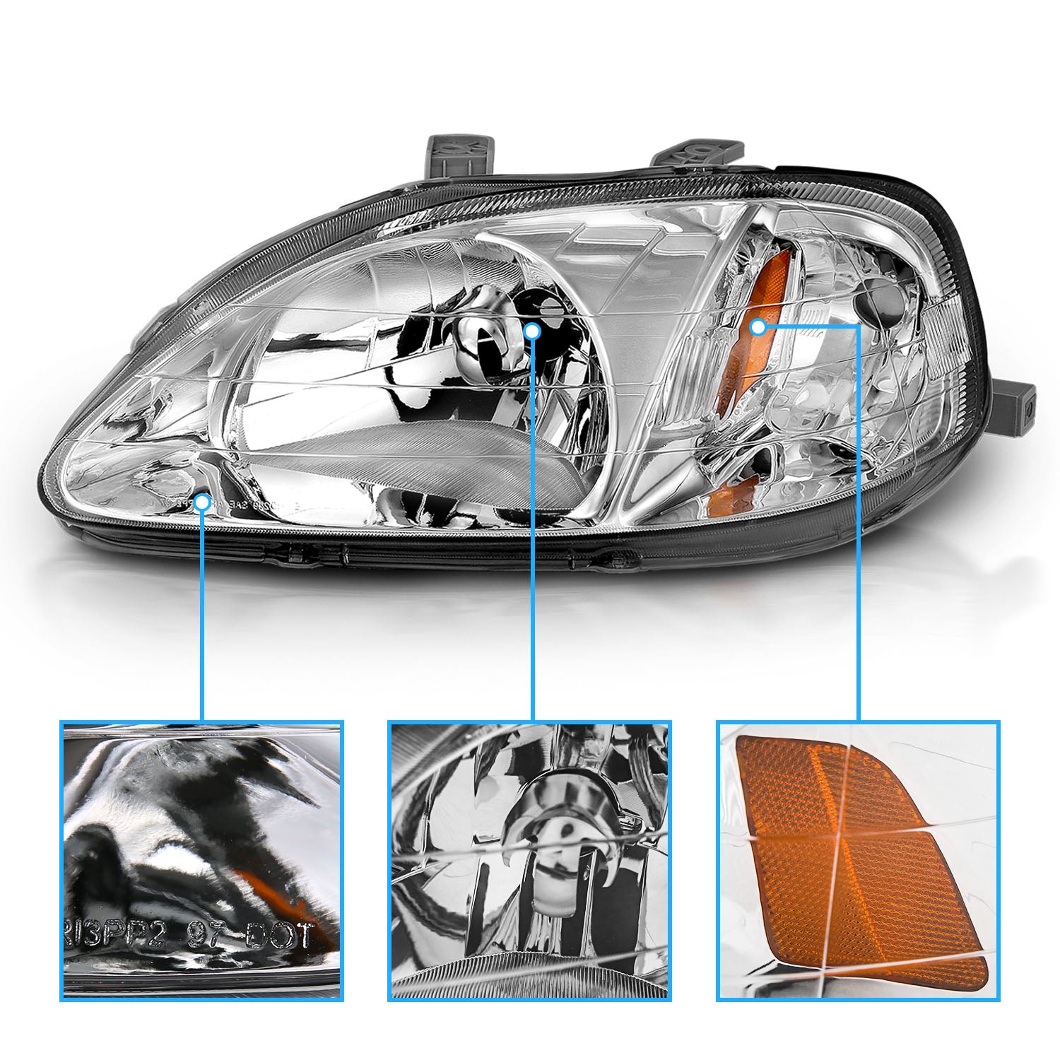 HONDA CIVIC 99-00 CRYSTAL HEADLIGHTS CHROME AMBER