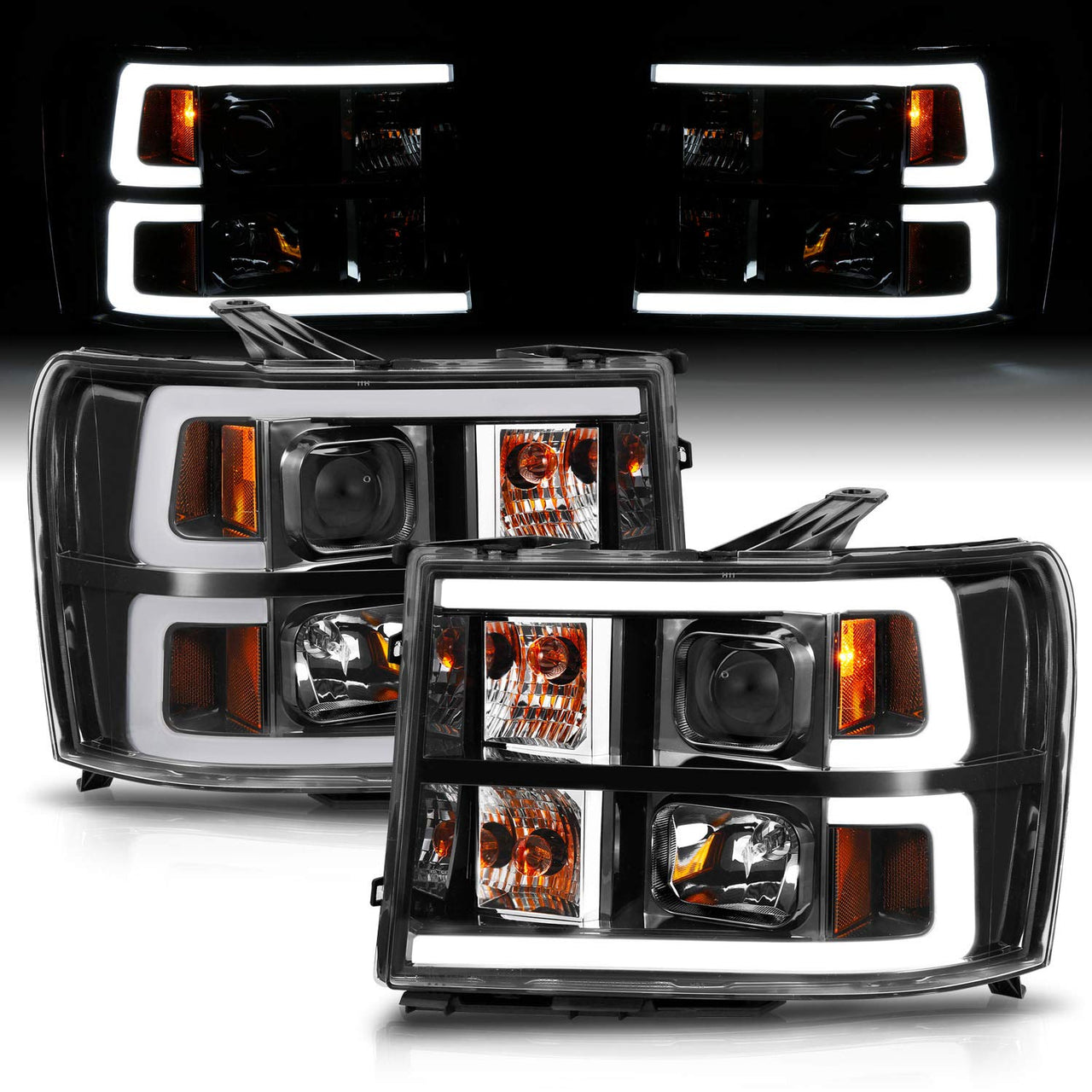 GMC SIERRA 07-10/1500 HYBRID 09-10 PROJECTOR LIGHT BAR STYLE HEADLIGHTS BLACK CLEAR AMBER