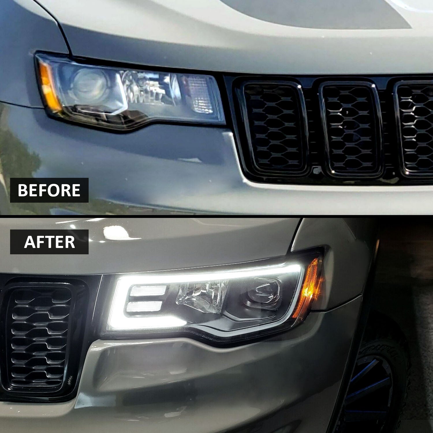 JEEP GRAND CHEROKEE 17-18 HEADLIGHTS PROJECTOR LIGHT BAR STYLE SWITCHBACK HEADLIGHTS CHROME AMBER