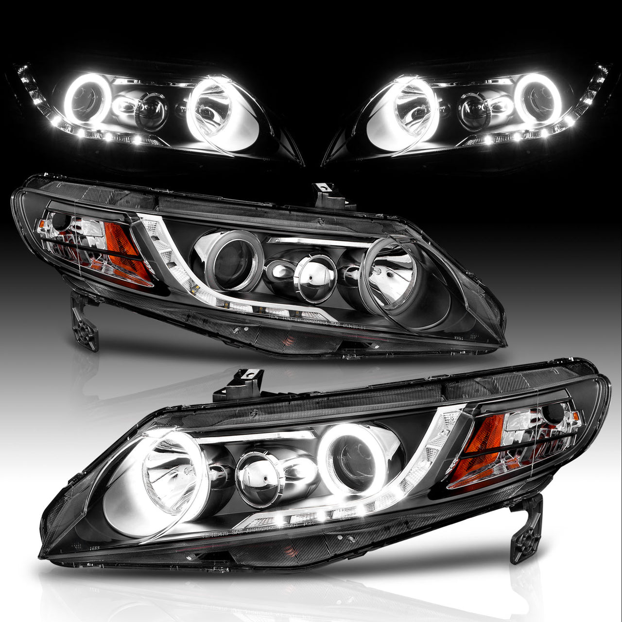 HONDA CIVIC 06-11 4DR/HYBRID PROJECTOR HEADLIGHTS HALO BLACK CLEAR AMBER (RX HALO)