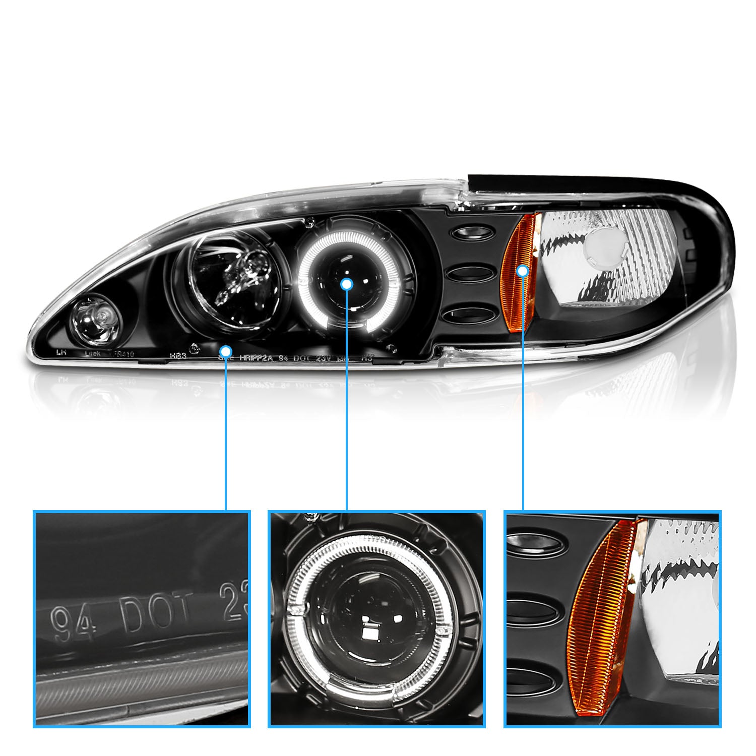 FORD MUSTANG 94-98 1PC PROJECTOR HEADLIGHTS HALO BLACK CLEAR AMBER