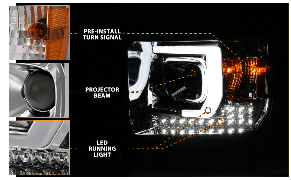 GMC SIERRA 1500嚙?4-15/2500HD/3500HD 15-19 PROJECTOR嚙?LIGHT BAR STYLE HEADLIGHTS CHROME W/ DRL嚙?HALOGEN TYPE MODEL W/O FACTORY DRL)